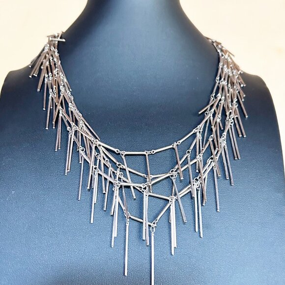 J. Crew Silver Tone Multi Layered Fringe Statement Necklace - Picture 1 of 7